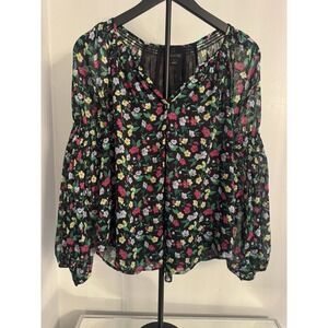 Ann Taylor Womens Floral Boho Sheer Blouse Small Romantic Smocked Cutout Top